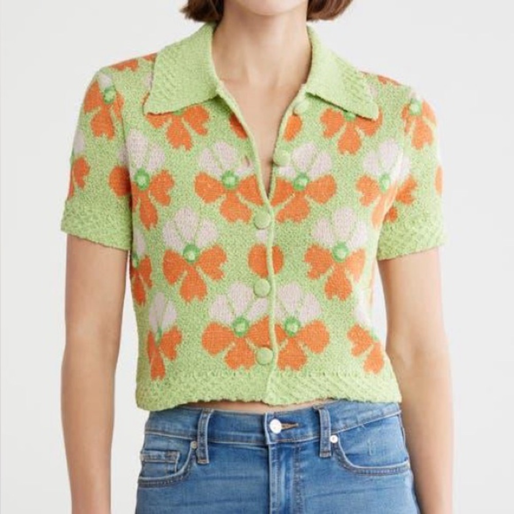Zara Floral Knit Cardigan Polo Cropped Retro Y2K Size S Green Orange Button Tops